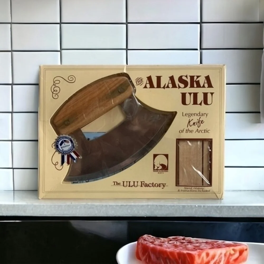 Vintage Alaska Ulu Legendary Arctic Knife Stainless Steel Wood Stand NIB
